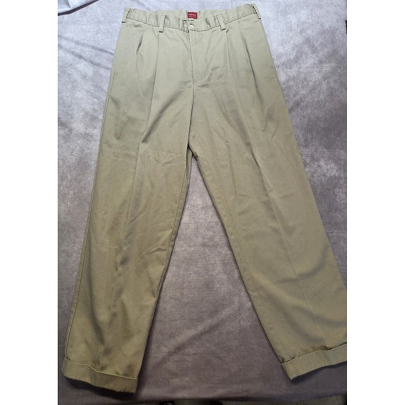 Arrow Other - Arrow Pants Mens 36x34 Khaki Pleated Cuffed 100% Cotton Classic Career Preppy
